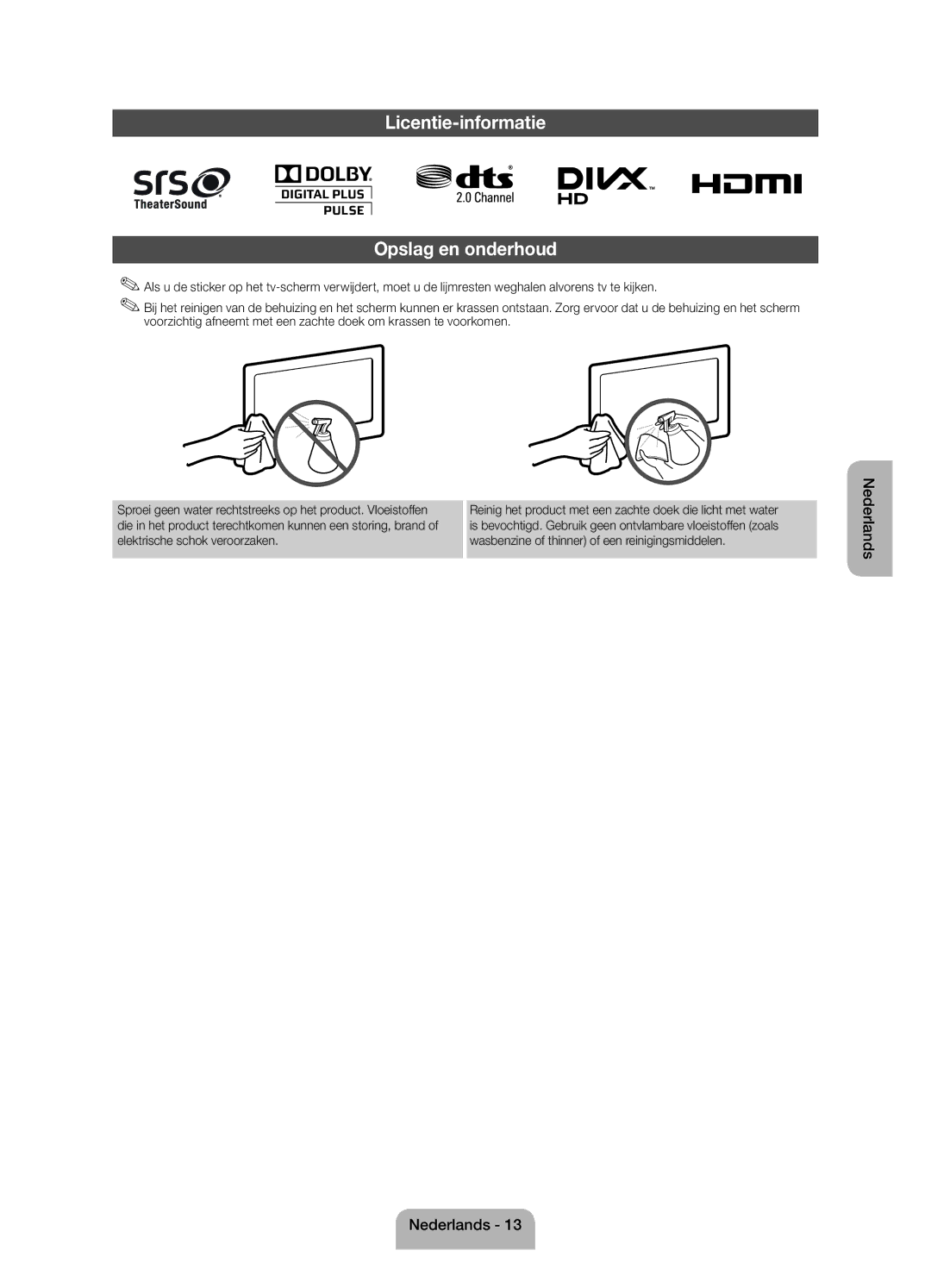 Samsung UE32EH4003WXZF manual Licentie-informatie Opslag en onderhoud 