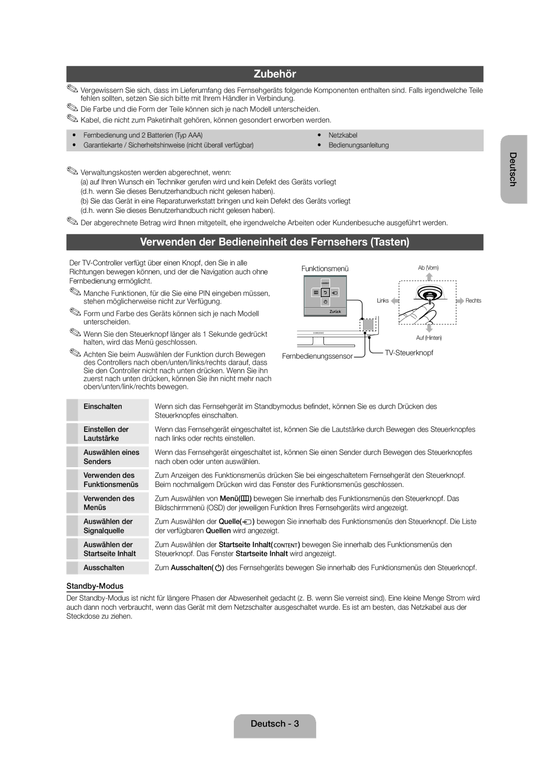 Samsung UE32EH4003WXZT manual Zubehör, Verwenden der Bedieneinheit des Fernsehers Tasten, Standby-Modus 