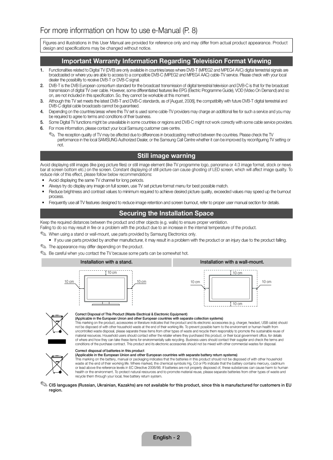 Samsung UE32EH4003WXZT manual Still image warning, Securing the Installation Space 