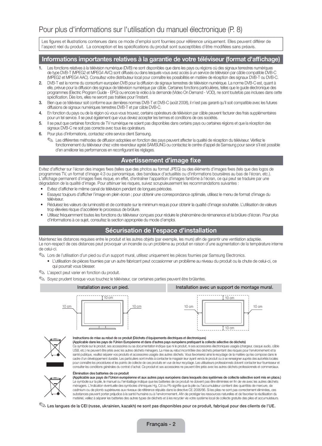 Samsung UE32EH4003WXZT Avertissement d’image fixe, Sécurisation de l’espace d’installation, Installation avec un pied 