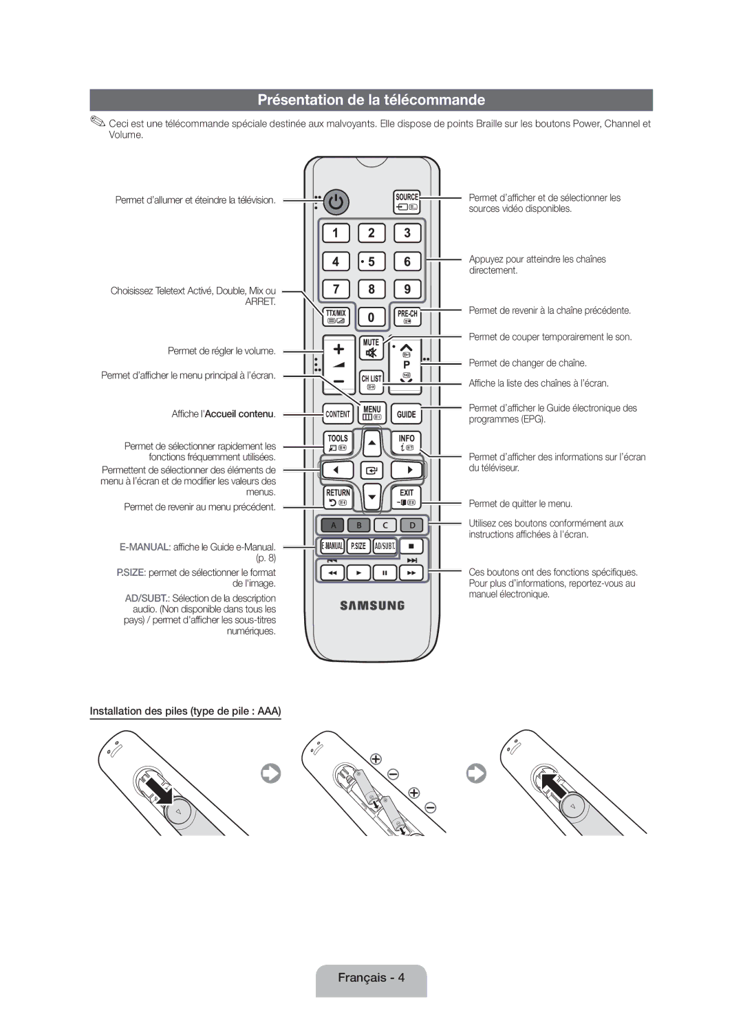 Samsung UE32EH4003WXZT manual Présentation de la télécommande, Installation des piles type de pile AAA 