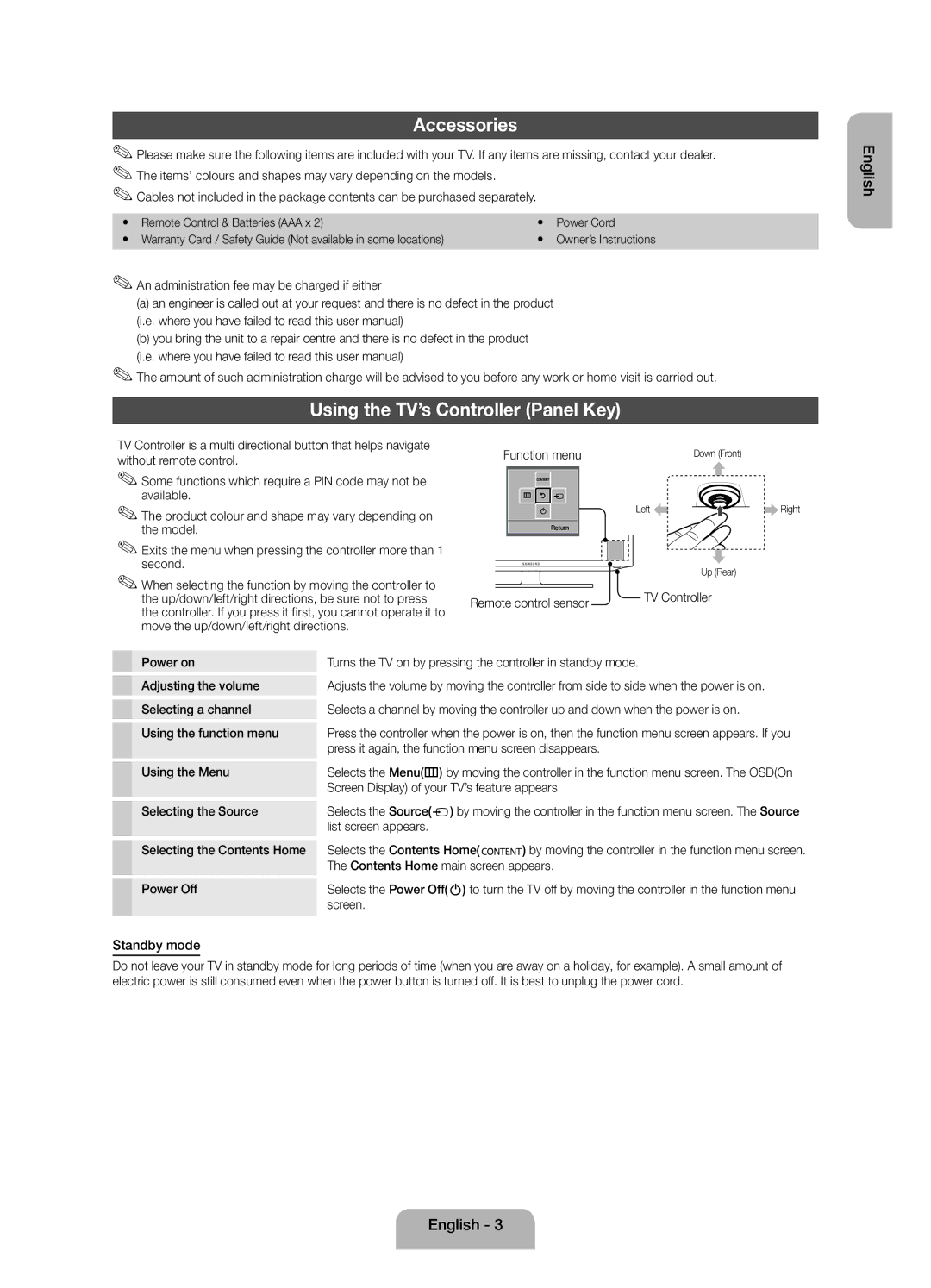 Samsung UE32EH4003WXZT manual Accessories, Using the TV’s Controller Panel Key, Standby mode 