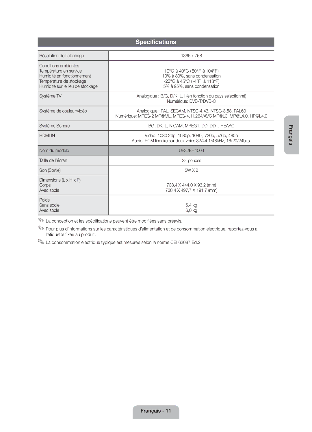 Samsung UE32EH4003WXZT Résolution de l’affichage, Conditions ambiantes Température en service, Humidité en fonctionnement 