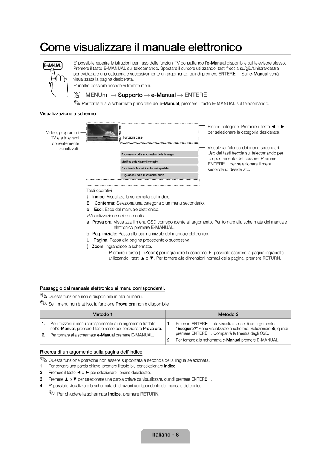 Samsung UE32EH4003WXZT Visualizzazione a schermo, Passaggio dal manuale elettronico ai menu corrispondenti, Metodo 