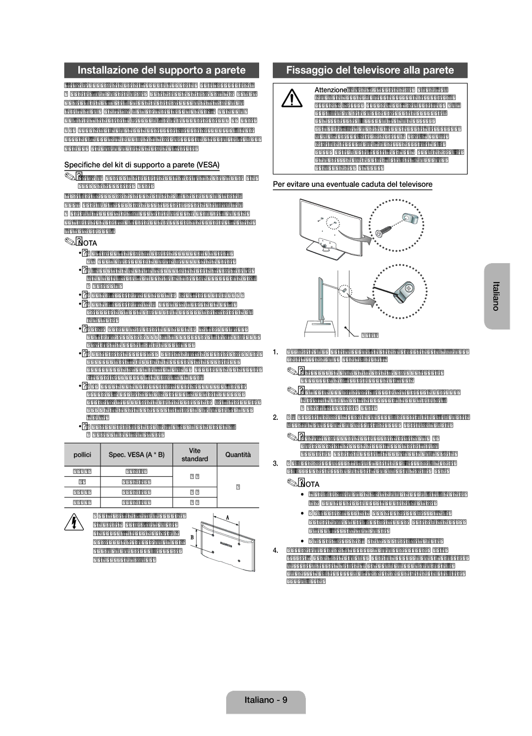 Samsung UE32EH4003WXZT manual Installazione del supporto a parete, Fissaggio del televisore alla parete 