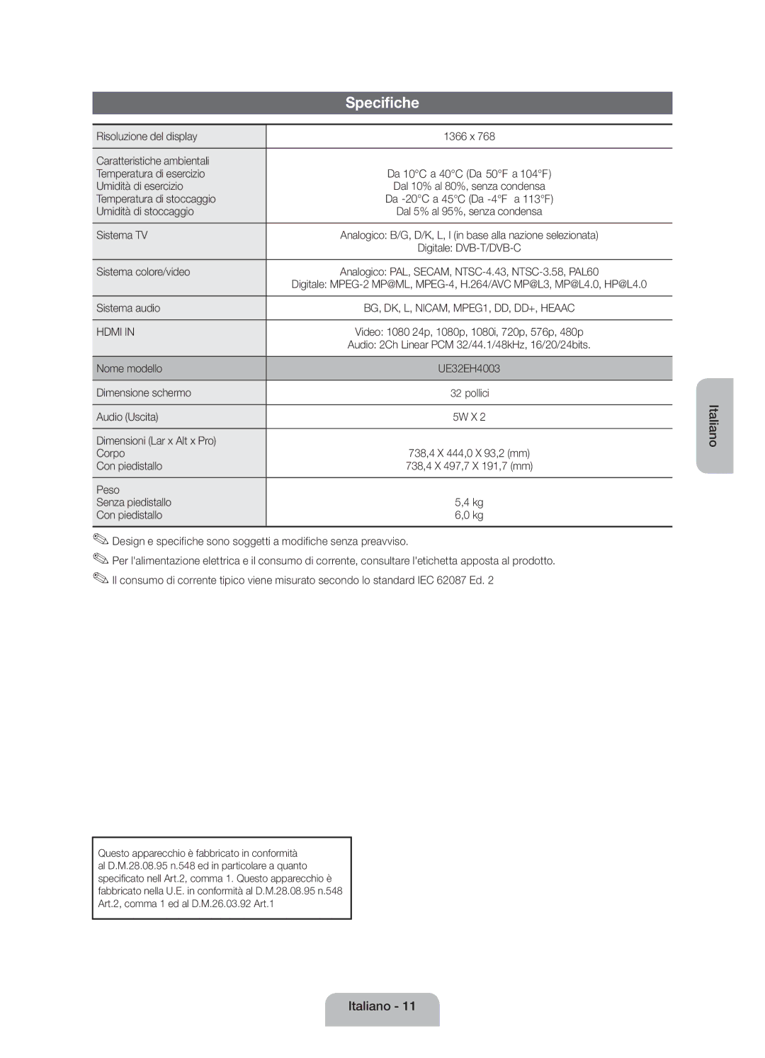 Samsung UE32EH4003WXZT manual Specifiche 