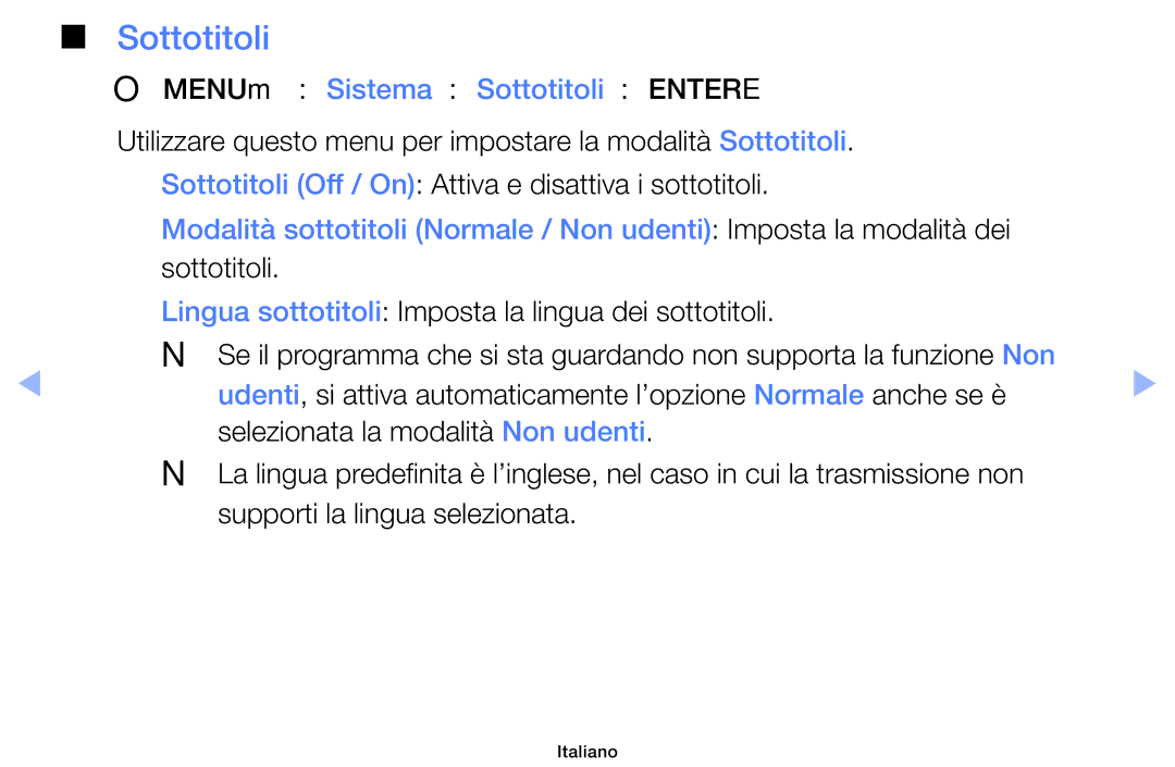 Samsung UE40EH5000WXZT, UE32EH5000WXXH, UE32EH5000WXZT, UE32EH4000WXZT manual OOMENUm → Sistema → Sottotitoli → Entere 