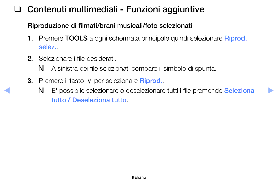 Samsung UE32EH4000WXZT, UE32EH5000WXXH manual Contenuti multimediali Funzioni aggiuntive, Tutto / Deseleziona tutto 