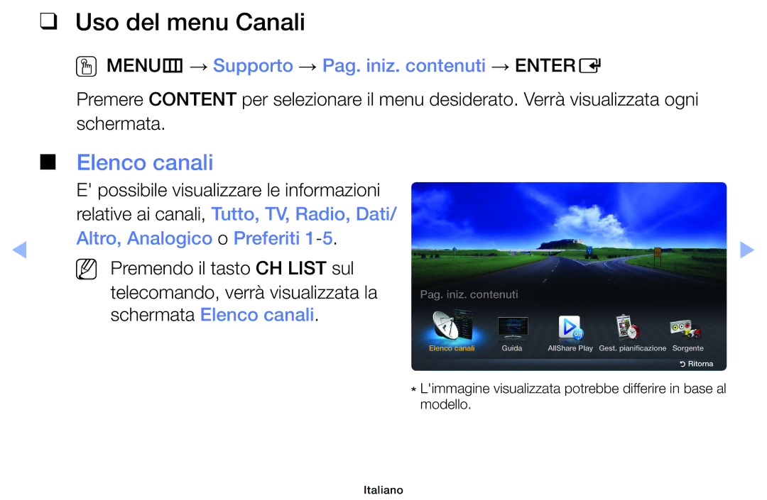 Samsung UE32EH4000WXZT manual Uso del menu Canali, Elenco canali, OOMENUm → Supporto → Pag. iniz. contenuti → Entere 