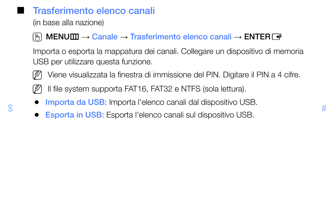 Samsung UE32EH4000WXZT, UE32EH5000WXXH, UE32EH5000WXZT manual OOMENUm → Canale → Trasferimento elenco canali → Entere 