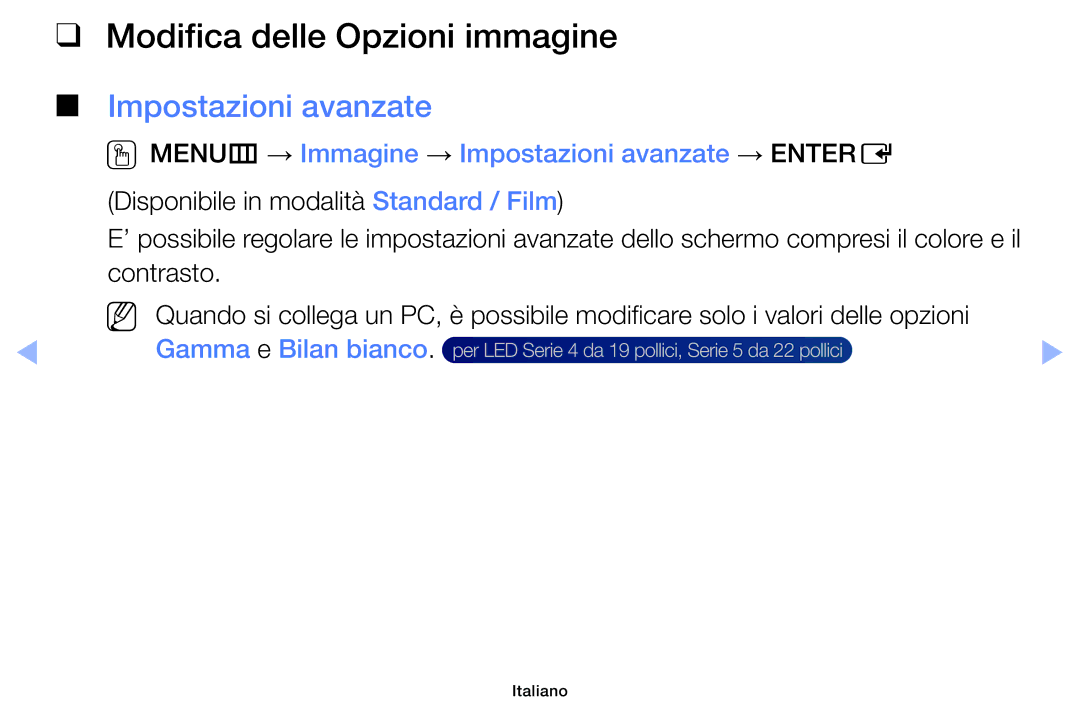 Samsung UE60EH6000SXZT, UE32EH5000WXXH manual Modifica delle Opzioni immagine, Impostazioni avanzate, Gamma e Bilan bianco 