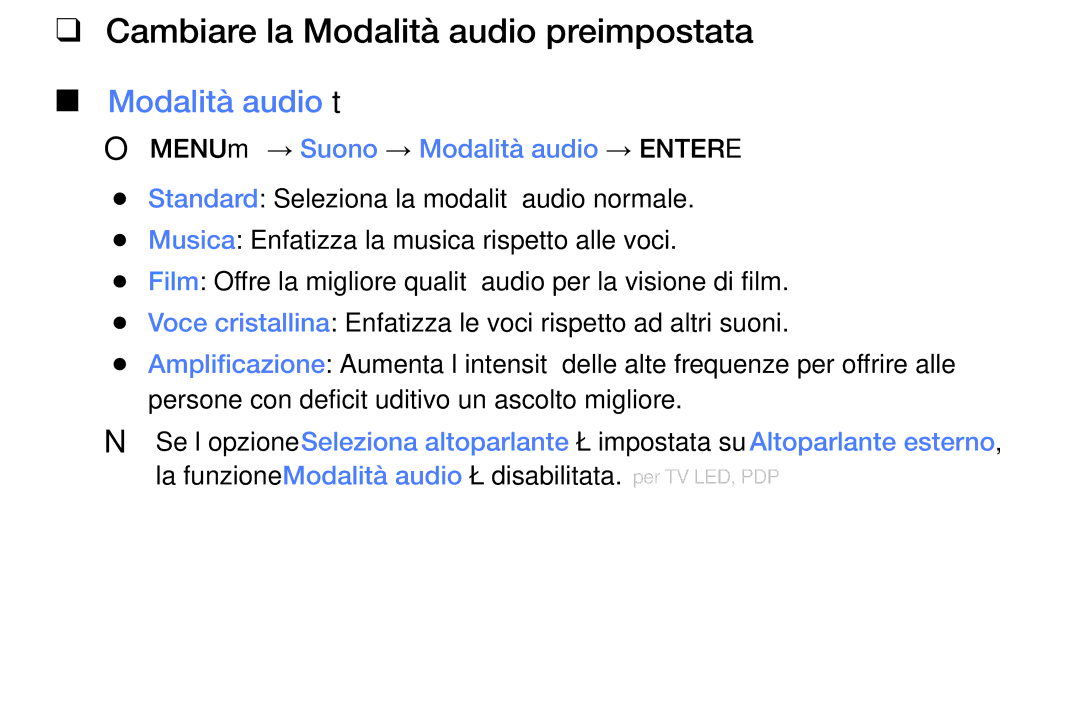 Samsung UE46EH5000WXZT, UE32EH5000WXXH, UE32EH5000WXZT manual Cambiare la Modalità audio preimpostata, Modalità audio t 