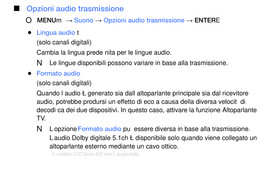 Samsung UE32EH5000WXZT manual Opzioni audio trasmissione, Audio, Formato audio, Caso, attivare la funzione Altoparlante 