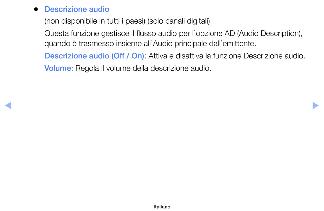 Samsung UE32EH4000WXZT, UE32EH5000WXXH manual Descrizione audio, Non disponibile in tutti i paesi solo canali digitali 