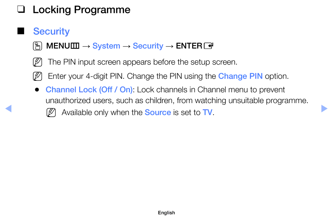 Samsung UE32EH5007KXRU, UE32EH5000WXXN, UE22ES5000WXZG manual Locking Programme, OOMENUm → System → Security → Entere 