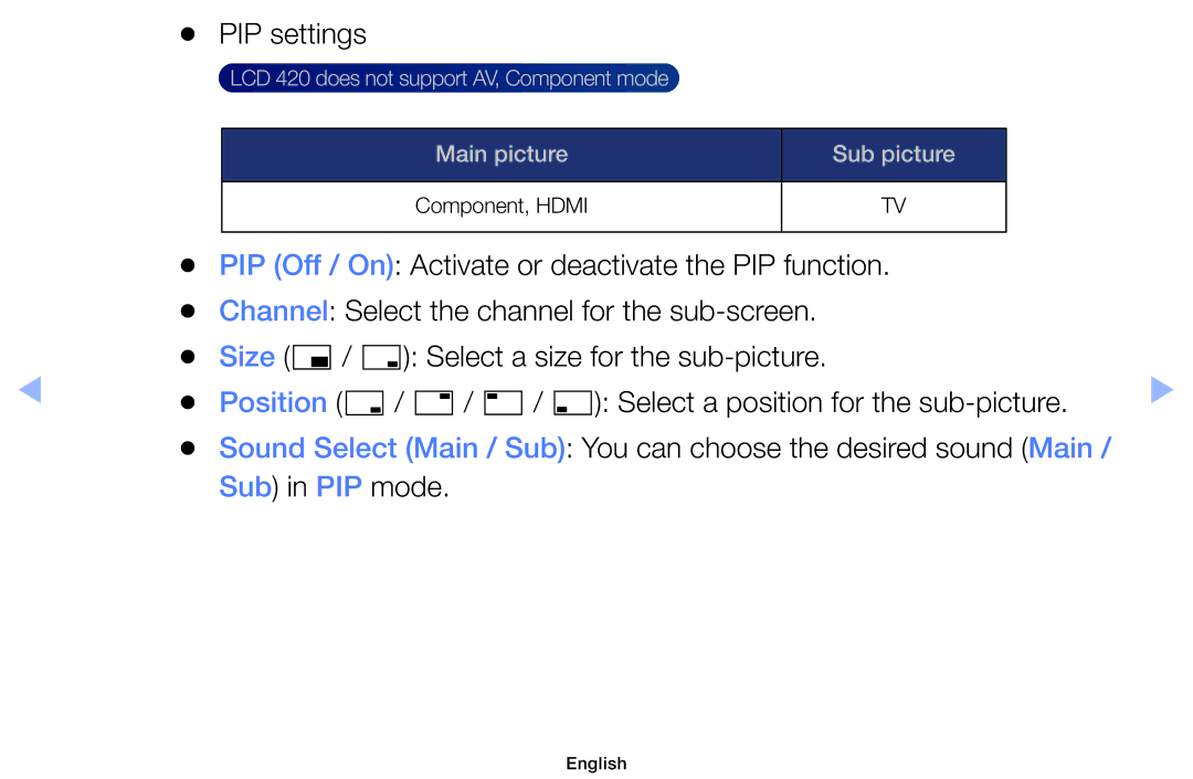 Samsung UE40EH5007KXRU, UE32EH5000WXXN, UE22ES5000WXZG manual PIP settings, Position, Select a position for the sub-picture 