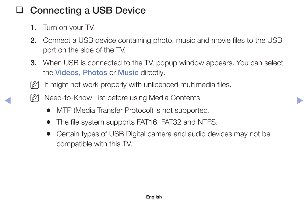 Samsung UE32EH4000WXXN, UE32EH5000WXXN, UE22ES5000WXZG, UE46EH5000WXXN, UE40EH5000WXXH, UE19ES4000WXXN Connecting a USB Device 