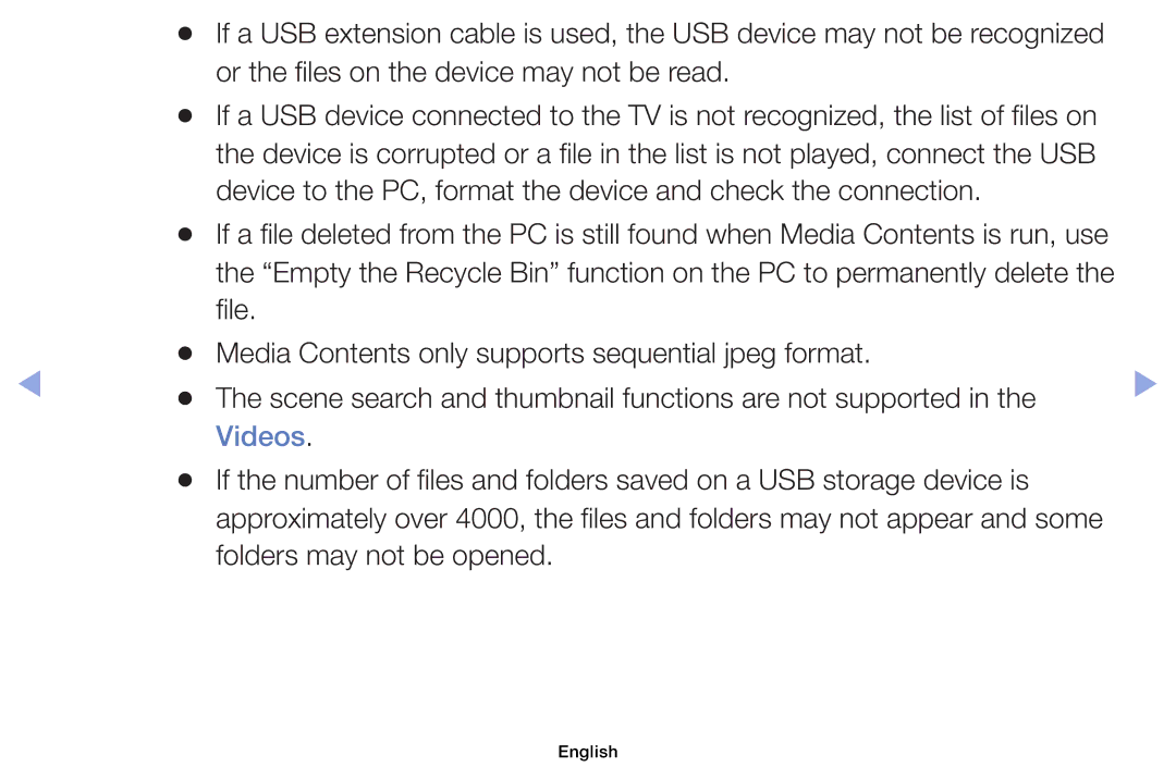 Samsung UE26EH4000WXZF, UE32EH5000WXXN manual Or the files on the device may not be read, Videos, Folders may not be opened 