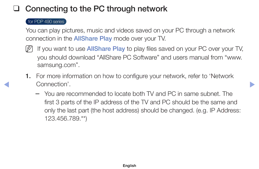 Samsung UE32EH4000WXZF, UE32EH5000WXXN, UE22ES5000WXZG, UE46EH5000WXXN Connecting to the PC through network, 123.456.789 