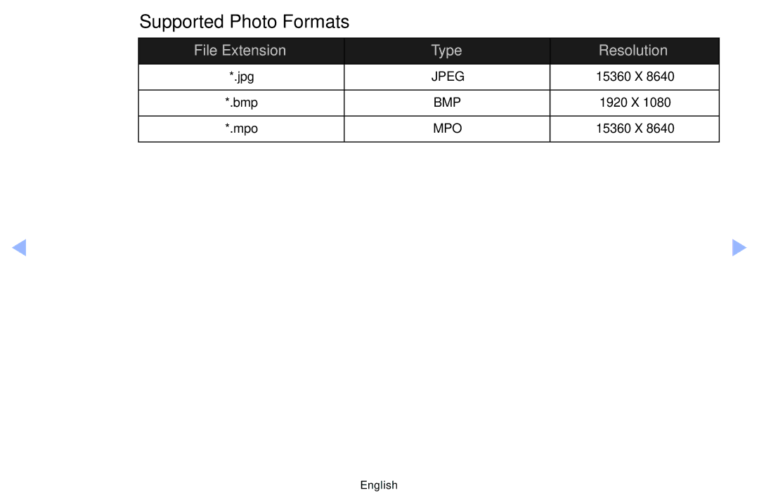 Samsung UE46EH5000WXZT, UE32EH5000WXXN, UE22ES5000WXZG, UE46EH5000WXXN, UE40EH5000WXXH, UE19ES4000WXXN Supported Photo Formats 