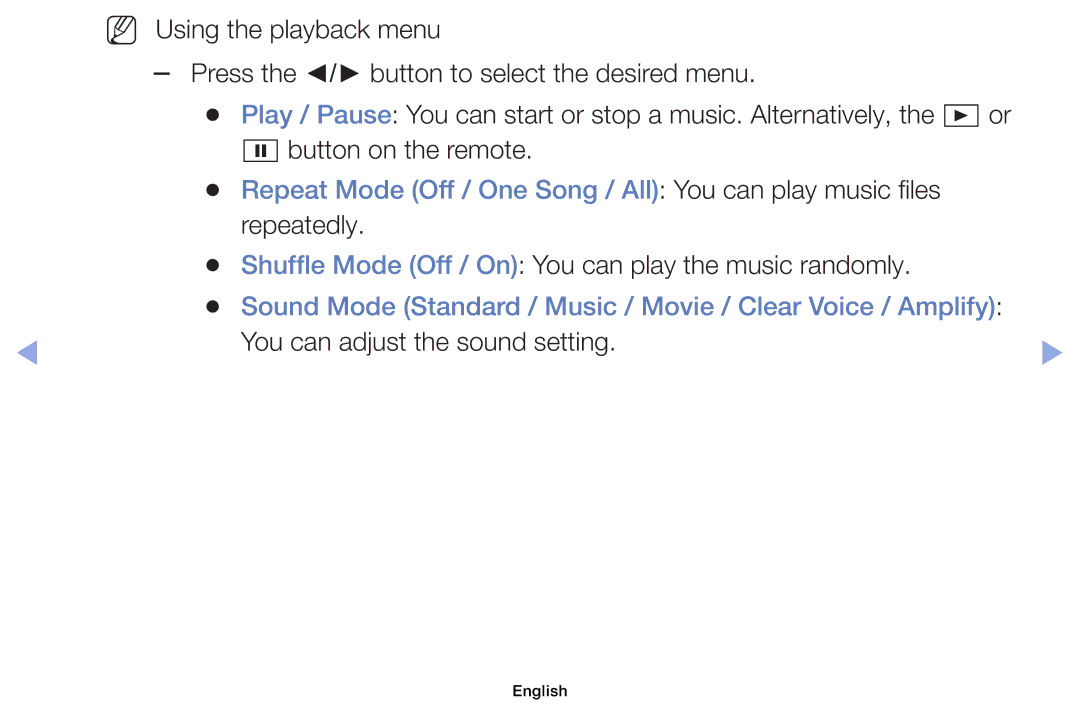 Samsung UE32EH4000WXXC manual Repeat Mode Off / One Song / All You can play music files, You can adjust the sound setting 