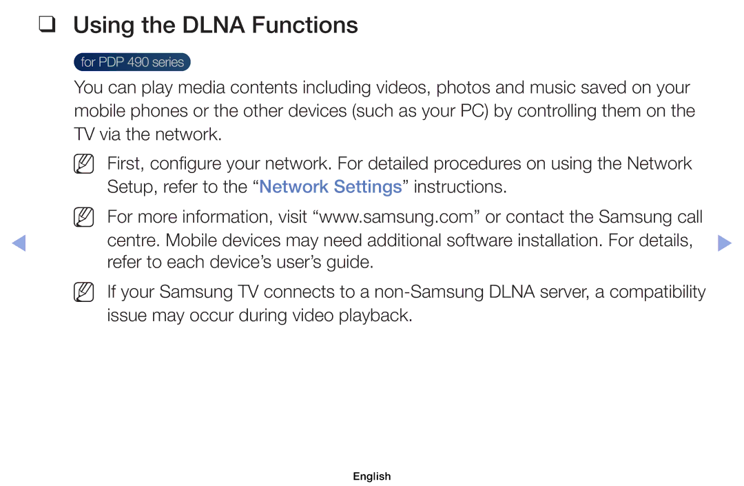 Samsung UE19ES4000WXXH Using the Dlna Functions, TV via the network, Setup, refer to the Network Settings instructions 