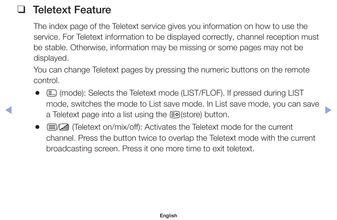 Samsung UE19ES4000WXXC, UE32EH5000WXXN, UE22ES5000WXZG, UE46EH5000WXXN, UE40EH5000WXXH, UE19ES4000WXXN manual Teletext Feature 