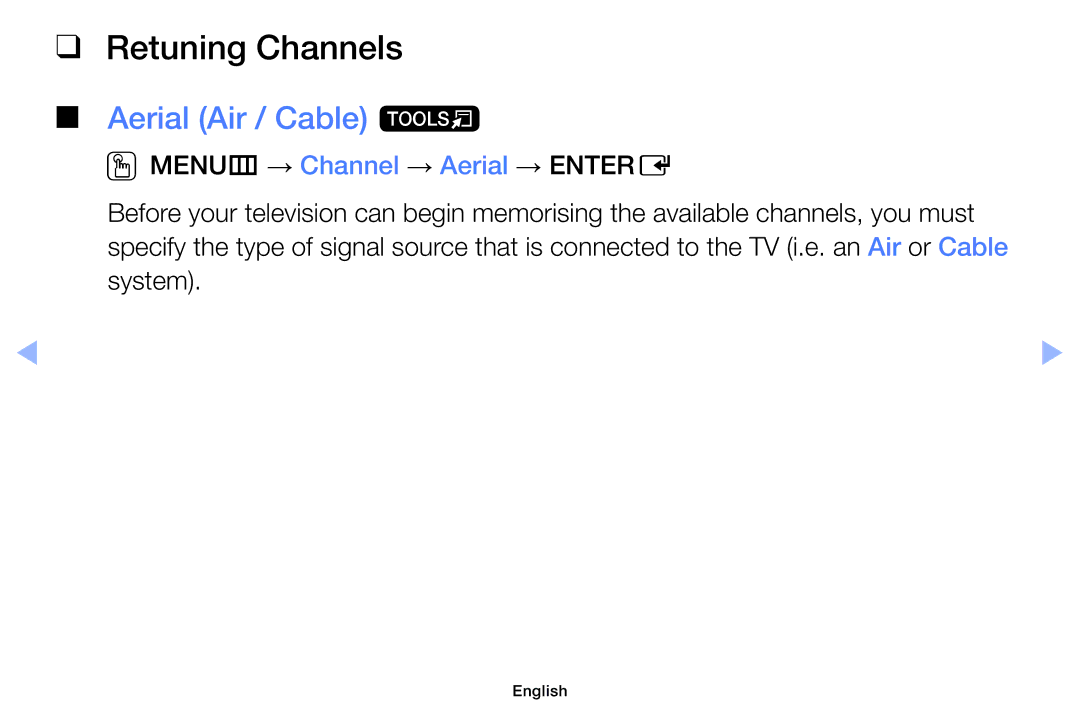 Samsung UE46EH5200SXZG, UE32EH5000WXXN, UE22ES5000WXZG, UE46EH5000WXXN manual Retuning Channels, Aerial Air / Cable t 