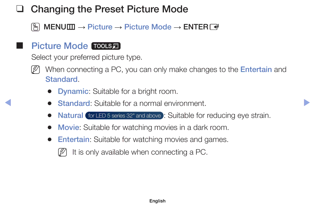 Samsung UE32EH4000WXZF manual Changing the Preset Picture Mode, Picture Mode t, OOMENUm → Picture → Picture Mode → Entere 