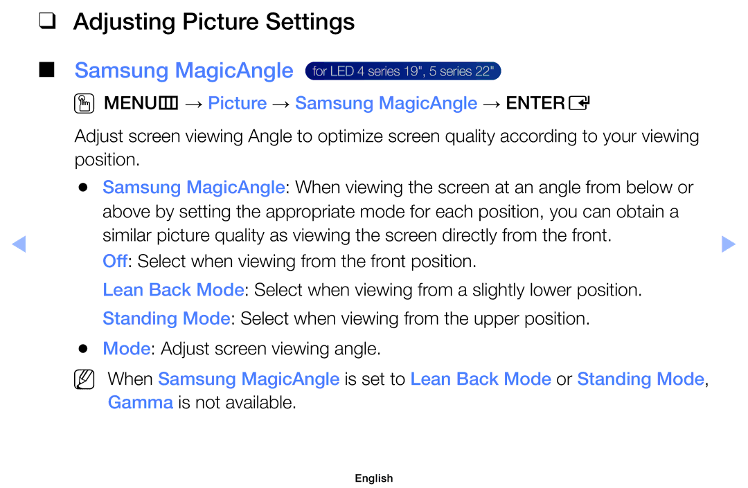 Samsung UE40EH5000WXZF, UE32EH5000WXXN manual Adjusting Picture Settings, OOMENUm → Picture → Samsung MagicAngle → Entere 