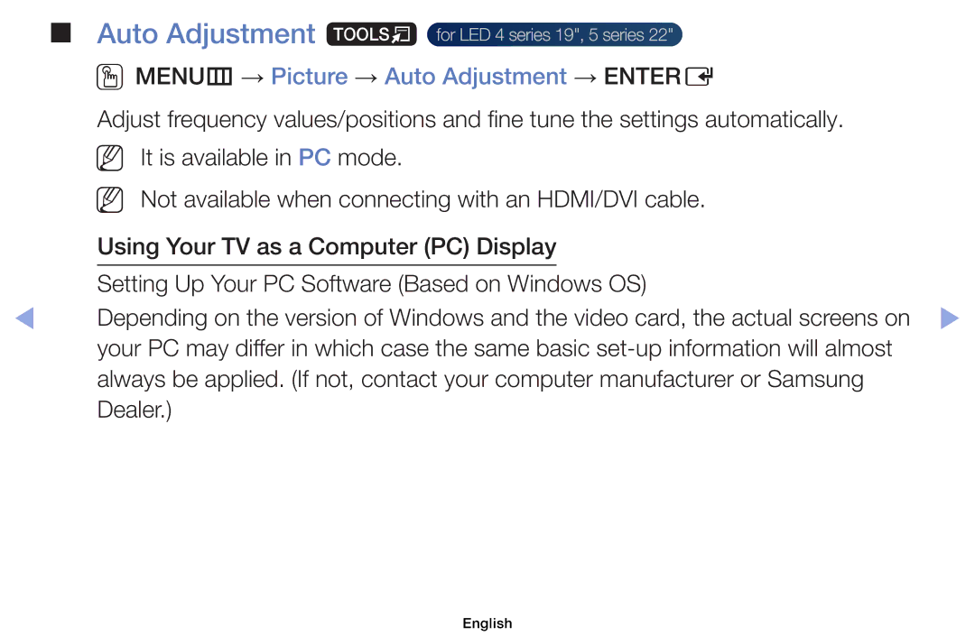 Samsung UE26EH4000WXZT, UE32EH5000WXXN, UE22ES5000WXZG manual Auto Adjustment t, OOMENUm → Picture → Auto Adjustment → Entere 