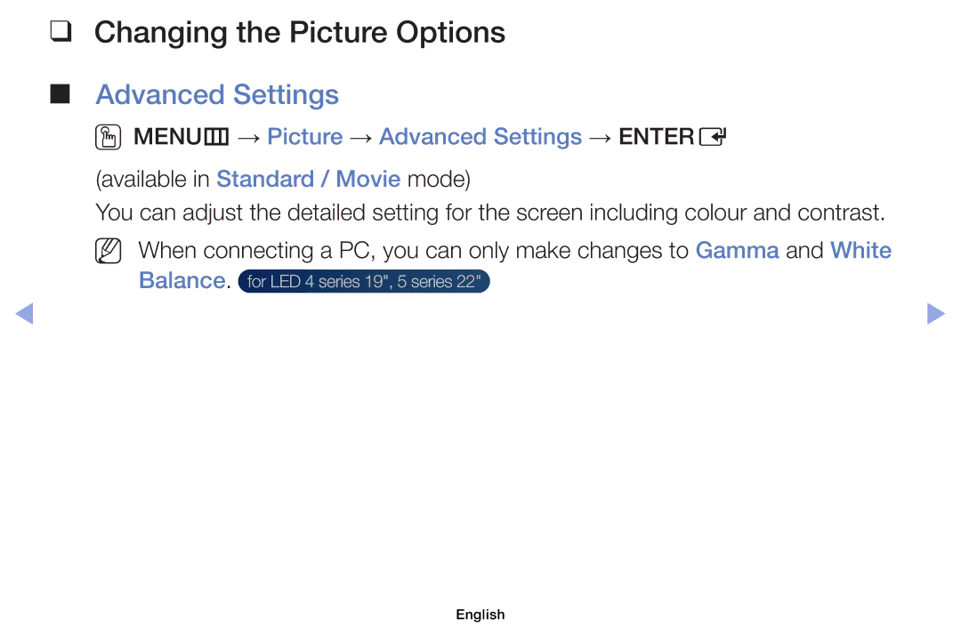 Samsung UE22ES5000WXZT, UE32EH5000WXXN Changing the Picture Options, OOMENUm → Picture → Advanced Settings → Entere 