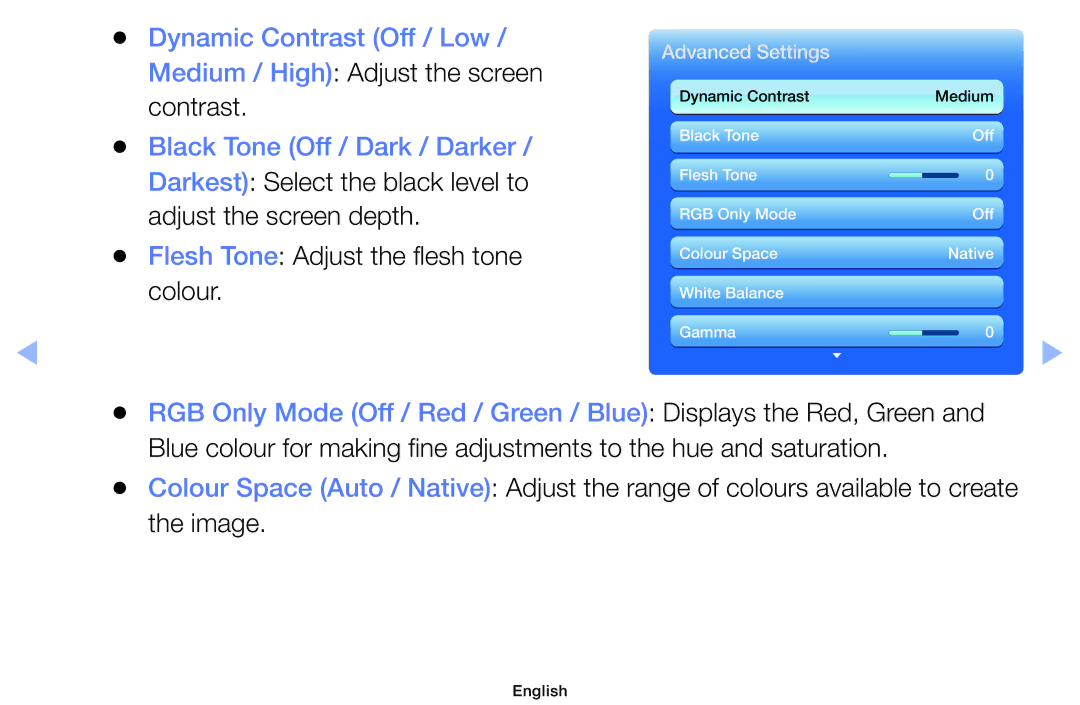 Samsung UE32EH4000WXXC, UE32EH5000WXXN, UE22ES5000WXZG manual Flesh Tone Adjust the flesh tone colour, Advanced Settings 