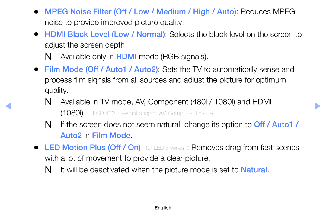 Samsung UE46EH5000WXXC, UE32EH5000WXXN manual Auto2 in Film Mode LED Motion Plus Off / On, Removes drag from fast scenes 