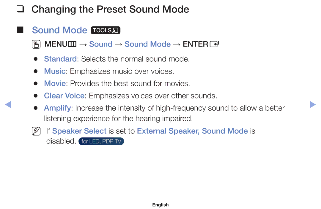 Samsung UE19ES4000WXXH, UE32EH5000WXXN Changing the Preset Sound Mode, Sound Mode t, OOMENUm → Sound → Sound Mode → Entere 