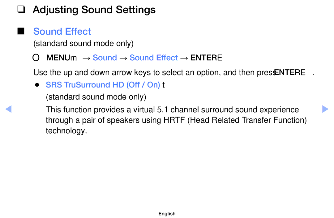 Samsung UE26EH4000WXXH Adjusting Sound Settings, Sound Effect, Standard sound mode only, SRS TruSurround HD Off / On t 