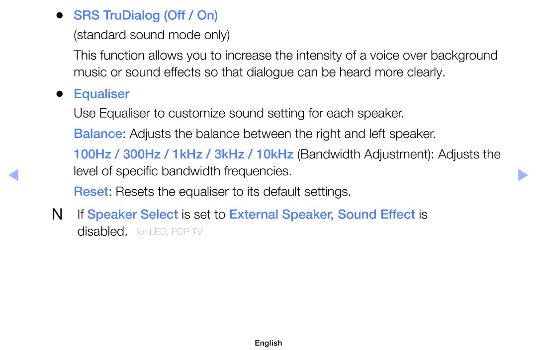 Samsung UE32EH5000WXXC, UE32EH5000WXXN, UE22ES5000WXZG, UE46EH5000WXXN, UE40EH5000WXXH manual SRS TruDialog Off / On, Equaliser 