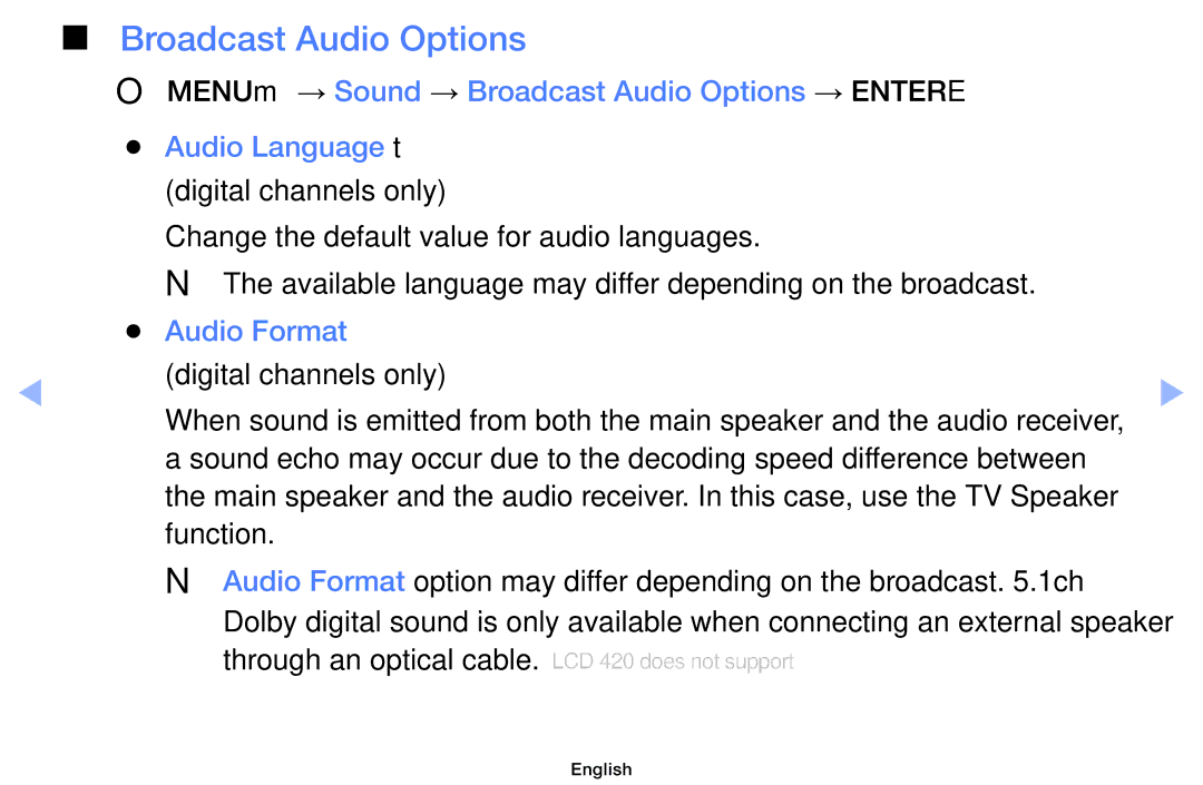 Samsung UE60EH6000SXXC, UE32EH5000WXXN, UE22ES5000WXZG, UE46EH5000WXXN, UE40EH5000WXXH Broadcast Audio Options, Audio Format 