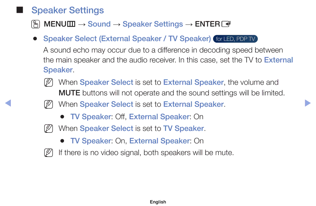 Samsung UE32EH4000WXXU, UE32EH5000WXXN, UE22ES5000WXZG Speaker Settings, NN When Speaker Select is set to External Speaker 