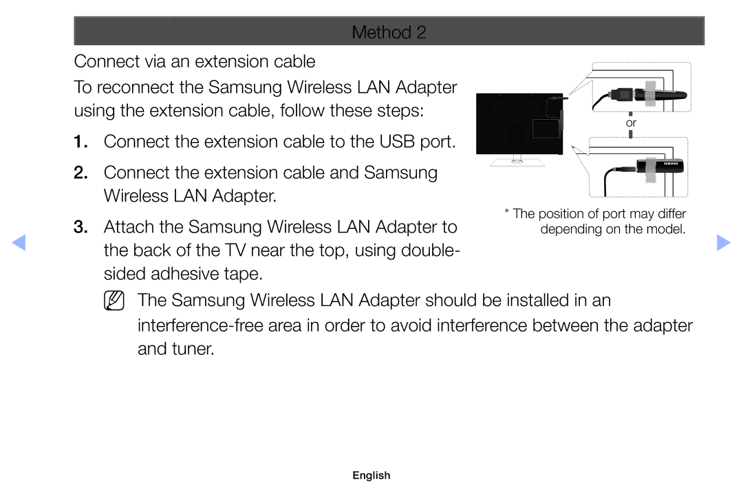 Samsung UE60EH6000SXXH, UE32EH5000WXXN, UE22ES5000WXZG, UE46EH5000WXXN, UE40EH5000WXXH Method Connect via an extension cable 