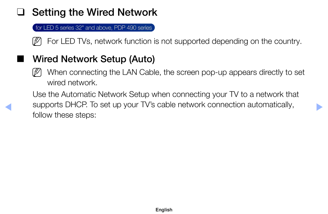 Samsung UE19ES4005WXXE, UE32EH5000WXXN, UE22ES5000WXZG, UE46EH5000WXXN Setting the Wired Network, Wired Network Setup Auto 