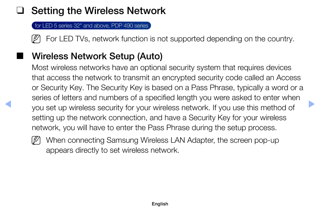 Samsung UE46EH5005KXXE, UE32EH5000WXXN, UE22ES5000WXZG manual Setting the Wireless Network, Wireless Network Setup Auto 