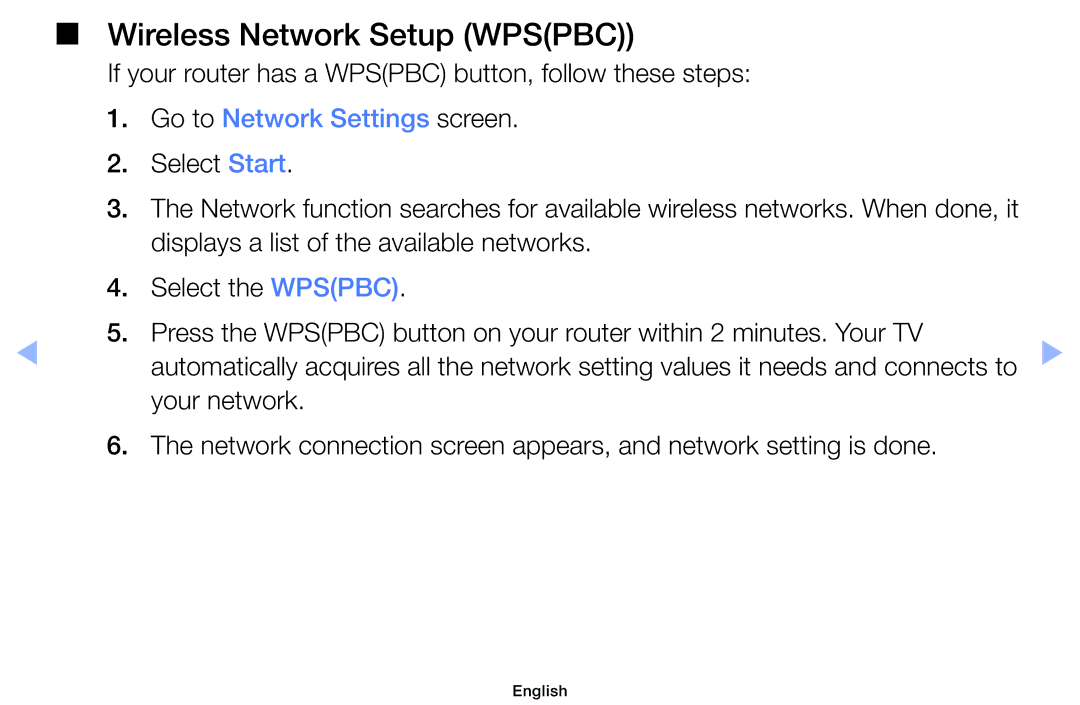 Samsung UE32EH5050WXRU, UE32EH5000WXXN, UE22ES5000WXZG If your router has a Wpspbc button, follow these steps, Select Start 