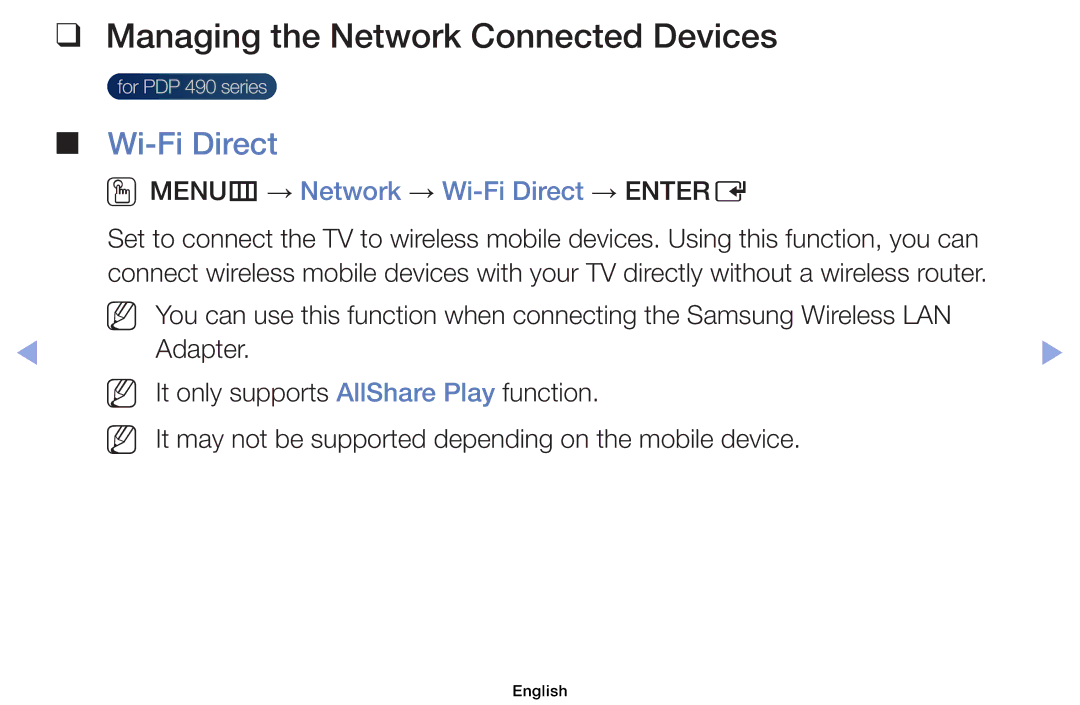 Samsung UE26EH4000WXRU manual Managing the Network Connected Devices, OOMENUm → Network → Wi-Fi Direct → Entere 