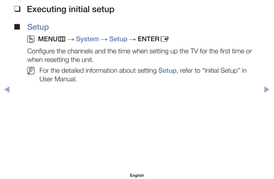 Samsung UE32EH5030WXRU, UE32EH5000WXXN, UE22ES5000WXZG, UE46EH5000WXXN, UE40EH5000WXXH manual Executing initial setup, Setup 