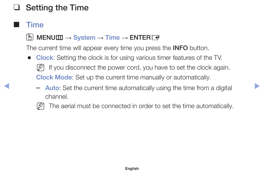 Samsung UE37EH5007KXRU, UE32EH5000WXXN, UE22ES5000WXZG, UE46EH5000WXXN, UE40EH5000WXXH, UE19ES4000WXXN manual Setting the Time 