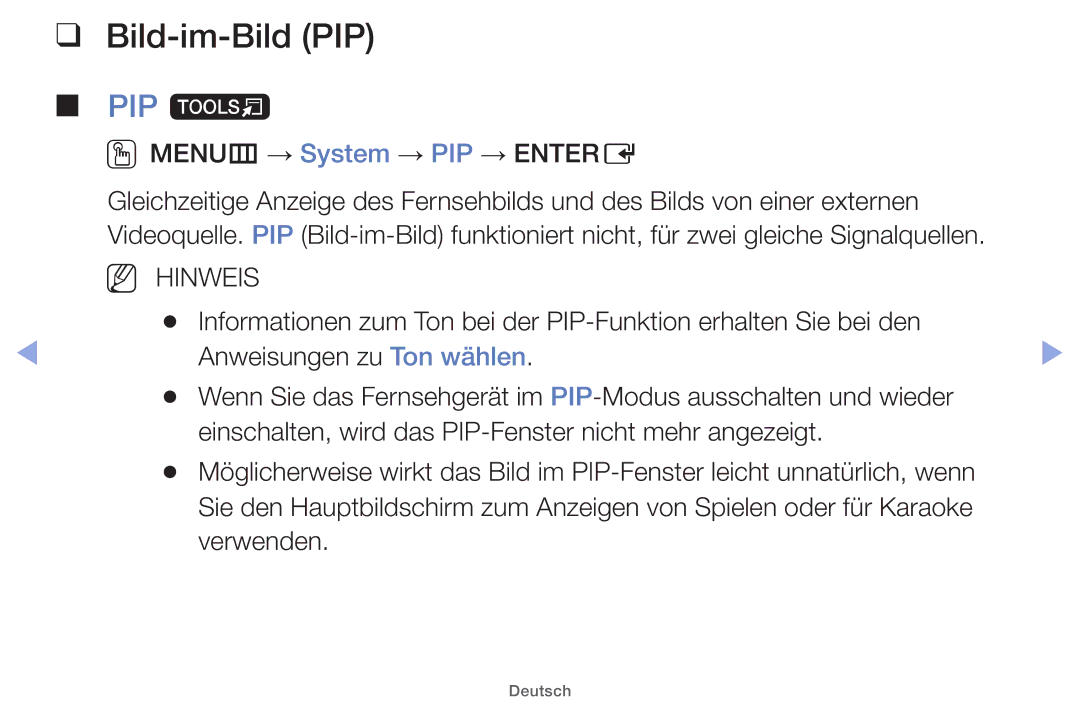 Samsung UE32EH4000WXTK, UE32EH5000WXXN, UE22ES5000WXZG manual Bild-im-Bild PIP, PIP t, OOMENUm → System → PIP → Entere 