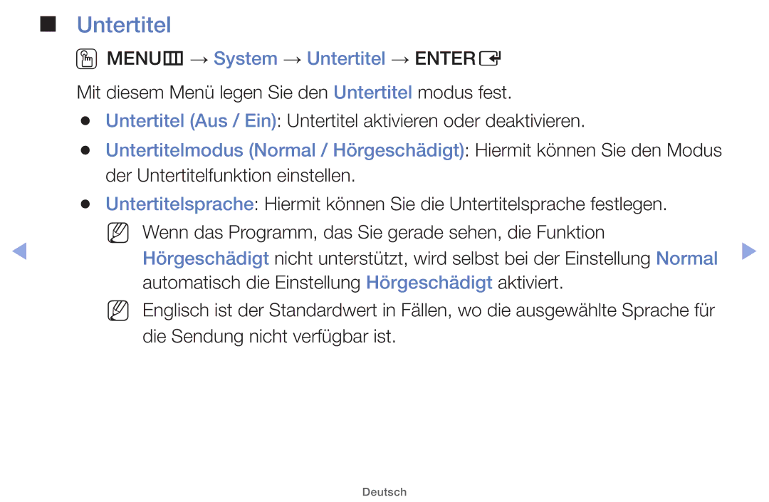 Samsung UE32EH5200SXTK, UE32EH5000WXXN, UE22ES5000WXZG, UE46EH5000WXXN manual OOMENUm → System → Untertitel → Entere 