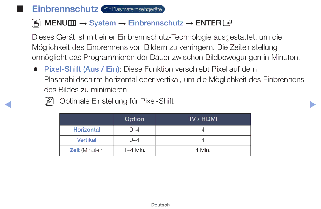 Samsung UE26EH4000WXZG, UE32EH5000WXXN, UE22ES5000WXZG, UE46EH5000WXXN manual OOMENUm → System → Einbrennschutz → Entere 