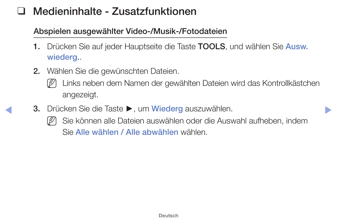 Samsung UE32EH5000WXXH, UE32EH5000WXXN manual Medieninhalte Zusatzfunktionen, Sie Alle wählen / Alle abwählen wählen 